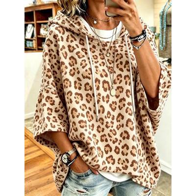 Women Three‑Quarter Sleeves Loose Hoodie Retro Floral Casual Vacation Top