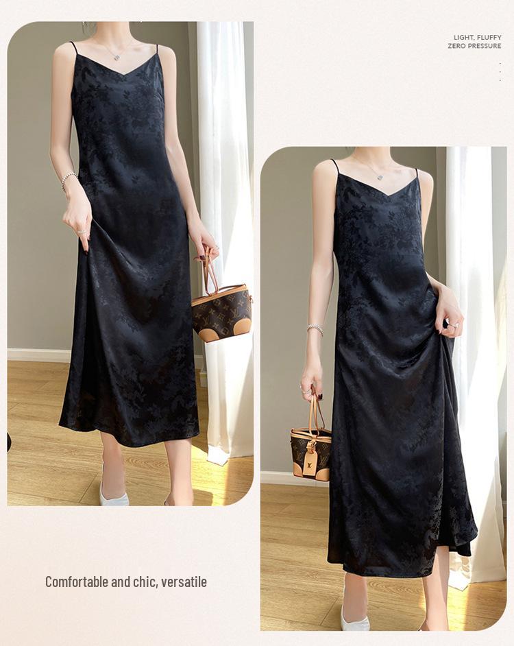 Damen Sommer V-Ausschnitt Satin Slip Kleid - Französisches Kunstseiden Jacquard Maxi