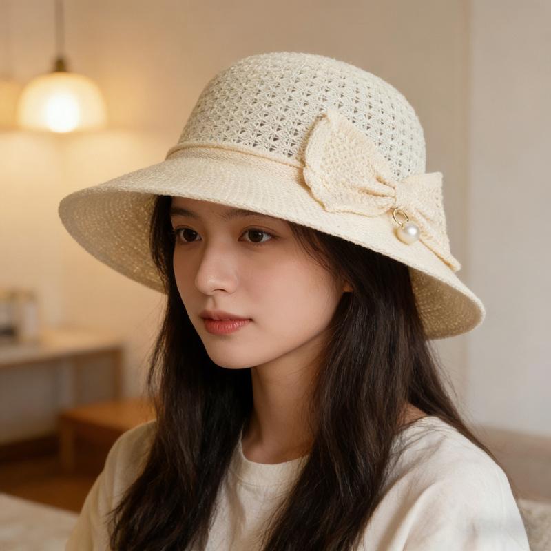 

Spring and summer new women s sun hat sun protection straw hat big brim bow bucket hat breathable versatile fashion basin hat L（58-60cm） молоко, білий колір