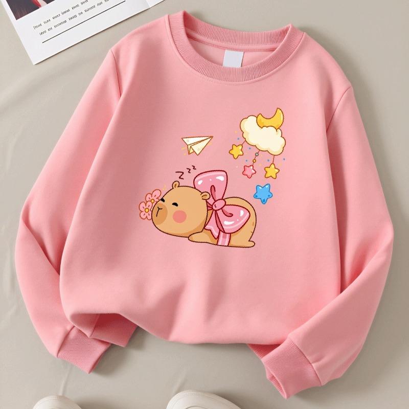 Kids Crewneck Long Sleeve Sweatshirt,Cute Cartoon Bear with Bow, Moon & Cloud Graphic Print