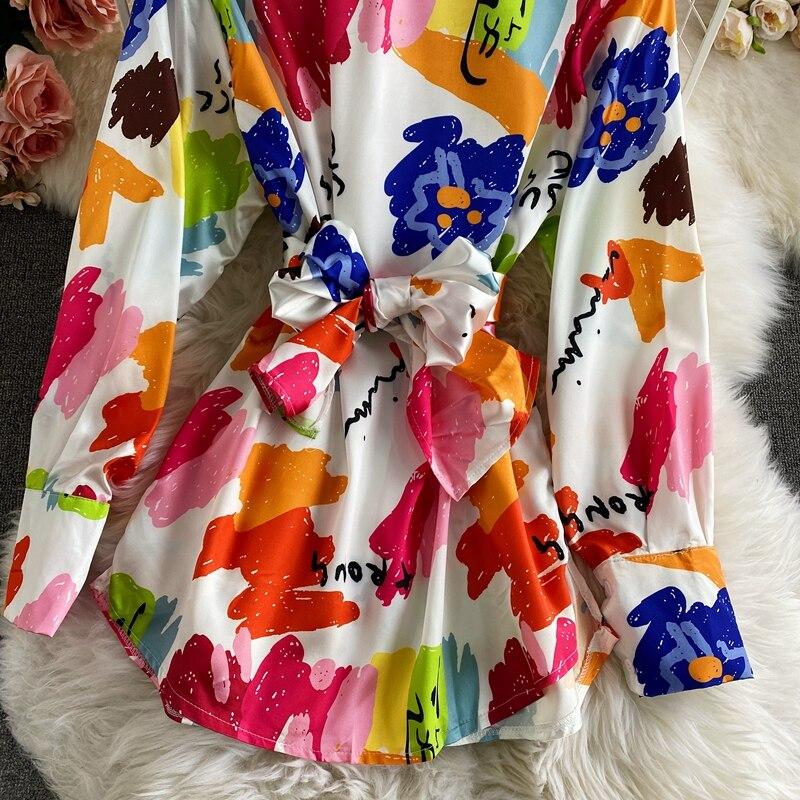 Francuski słodki kolorowy nadruk elegancka bluzka damska koreański Y2K talia w koszulach biurowych damski z długim rękawem Fashion Design ubrania codzienne wiosna 2024