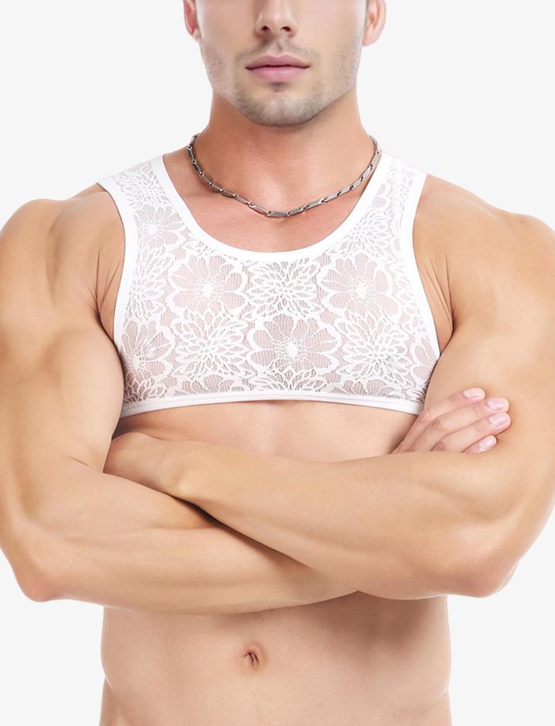 Seksowne Koronkowe Podkoszulki Tank Top z Kwiatową Przezroczystością i Oddychającym Rozciągliwym Materiałem Rozmiar XL Męskie Nadruki, Kamizelka, Koszula, Bez Rękawów, Modelujące Mięśnie, Białe,