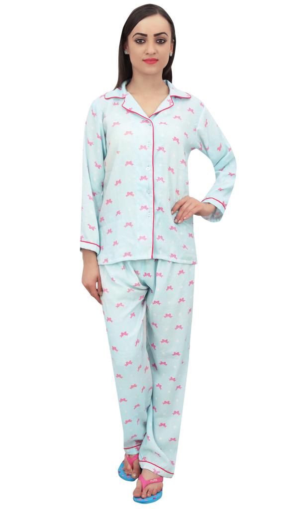 Bimba Sky Blue Gift Ribbon Print Women Shirt With Pajama Pants 2 Pcs Nightwear -
