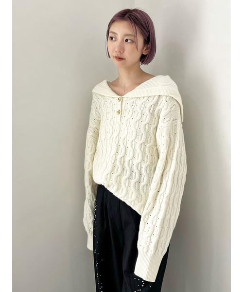 Lily Brown Sailor Collar Cable Knit LWNT245056 White Women's