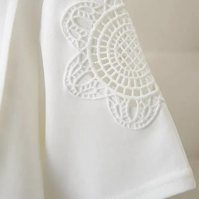 T-shirt Women Cotton Summer Casual Large Size Loose Round Neck Lacework Pullover Short-sleeved Tops