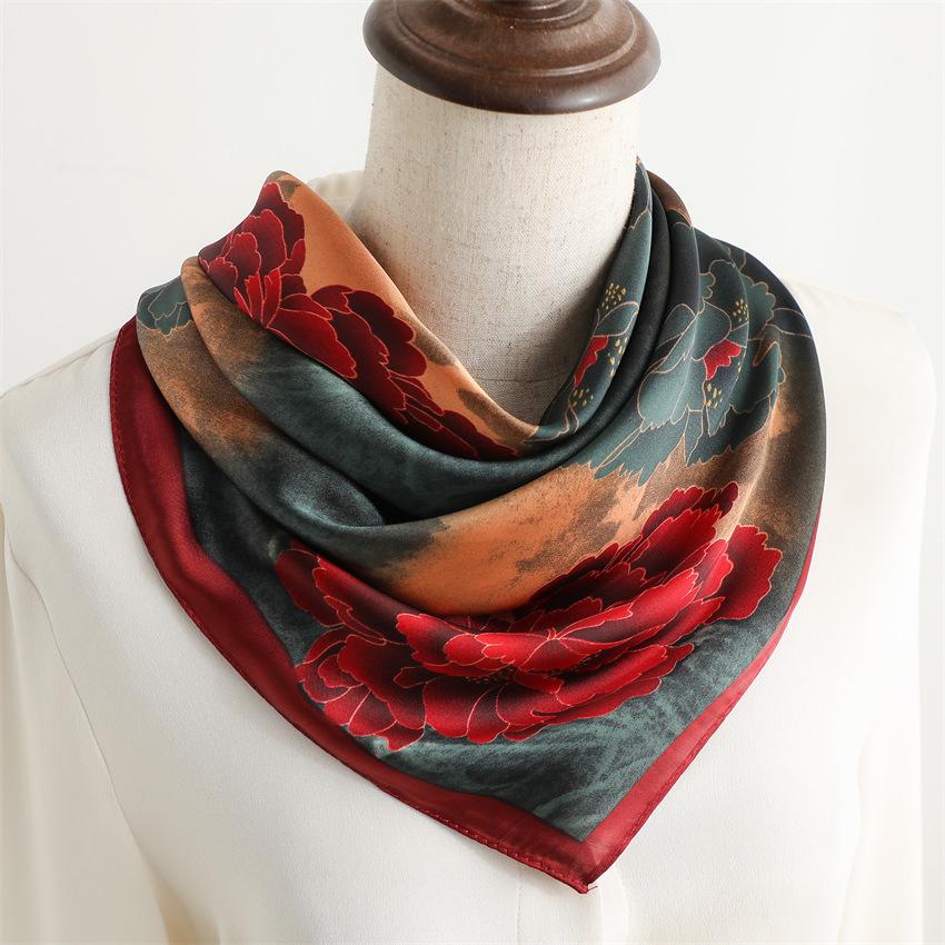 Vintage Peony Flower Silk Scarf Sunscreen Shawl Romantic Orchid Scarf Simulation Silk 71cm Square Scarf Professional Scarf Women