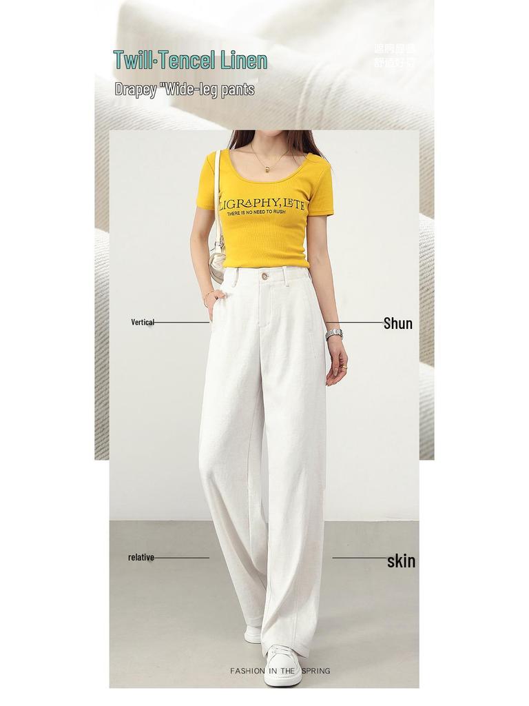 Women's Tencel Linen Wide-Leg Pants, 2026 Spring, Elastic Back Waist, Slimming Casual Straight-Leg Style