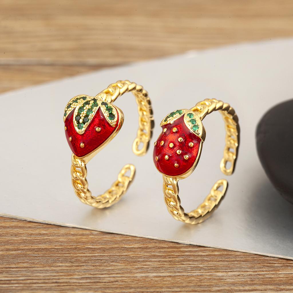 Nidin New Fashion Strawberry Shape Enamel Dripping Oil Open Rings For Women Female Inlaid Green Zircon Adjustable Finger Jewelry