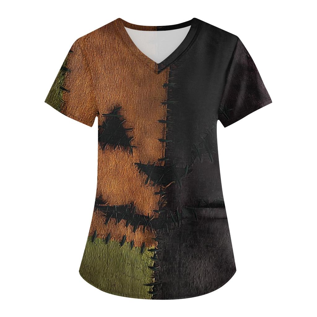 Women's Printing Uniform Work Uniform V-neck Pockets Basic Short Sleeve Pullover Top