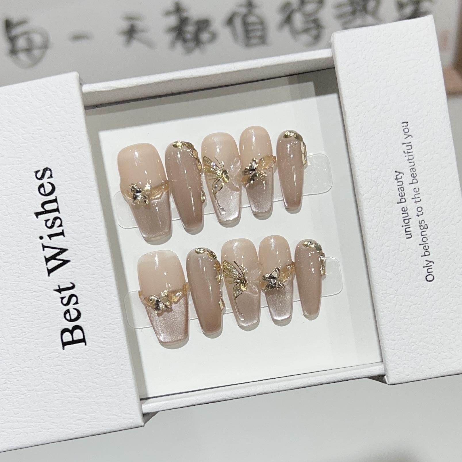 

Подборка новых стилей ношения брони Ручная работа Осенне-зимний дизайн ногтей Темпераментный нюдовый цвет Кошачий глаз Французский Золотая бабочка Бриллиантовые ногти Large L