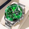 OLEVS Men's Quartz Watch Chronograph Waterproof Luminous Stainless Steel Band Green Wristwatch Business Easy-to-Read