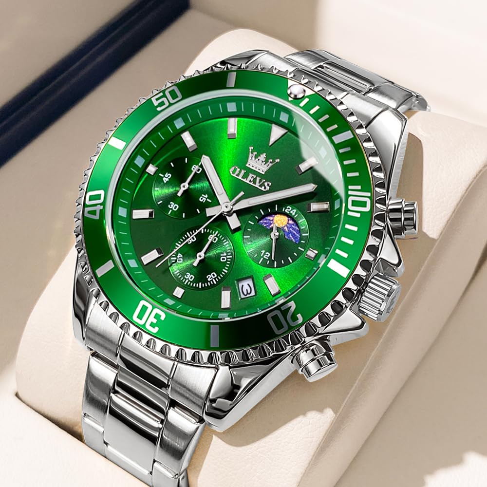 OLEVS Men's Quartz Watch Chronograph Waterproof Luminous Stainless Steel Band Green Wristwatch Business Easy-to-Read