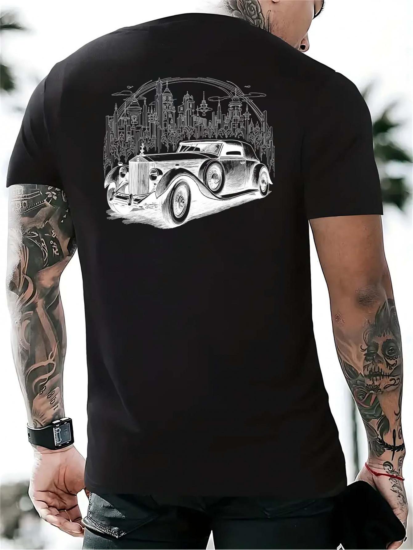 

Vintage Car & Cityscape Graphic T-shirt - Soft Breathable Fabric XL
