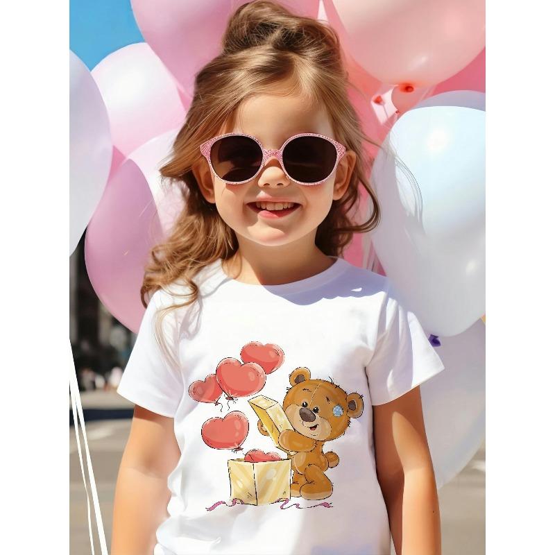 European Size Girls Round-neck Short-sleeved T-shirt with Teddy Bear and Heart Balloon Pattern Print