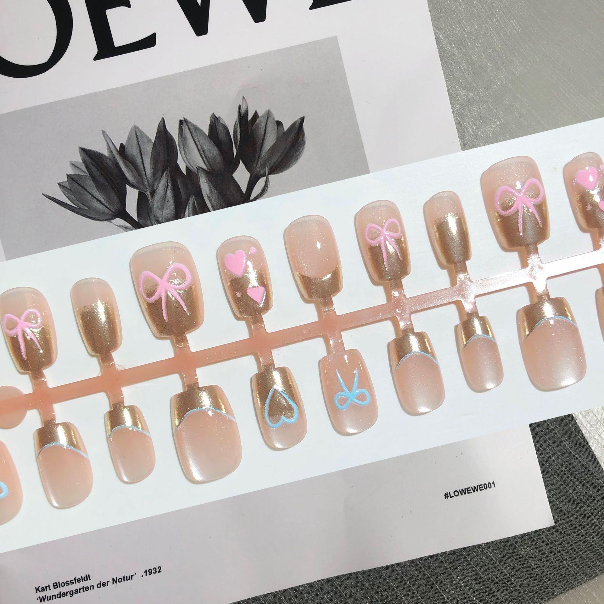 

Rose Gold Cat Eye Press-On Nails - Pink Heart Bow, 30-Piece Set, Light Luxury Style