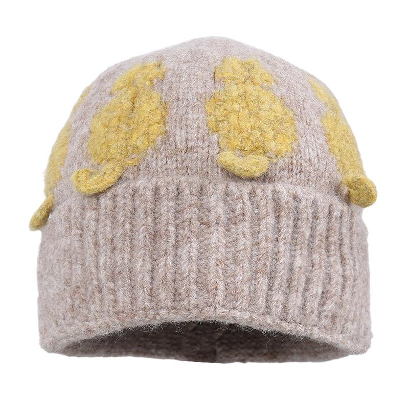 New Cute Cat Jacquard Knitted Wool Hat Female Source Autumn and Winter Warm Cold Hat Showing Face Small Headhat