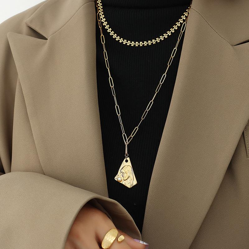French Style Irregular Shape Portrait Imitation Baroque Pearl Necklace Niche Fashion Titanium Steel Sweater Chain M033-4