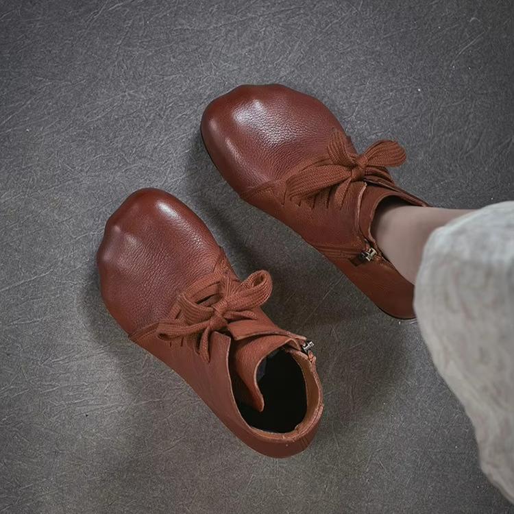 Johnature Genuine Leather Side Zipper Round Toe Coarse Heel Short Boots Versatile Women's Shoes
