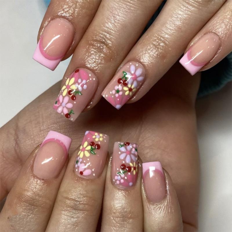 Hot-selling Contrast Color Fresh Flower Nail Art Fake Nail French Pink Wearing Nail Square Nail Wearing Nail Pad