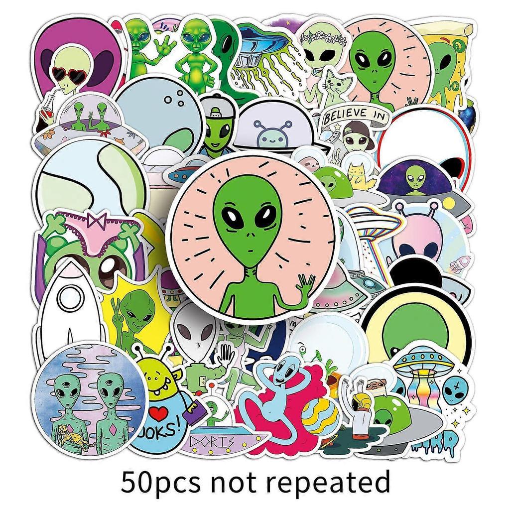 50 Alien Doodle Cartoon UFO Stickers - Waterproof DIY Journal, Skateboard, and Luggage Stickers