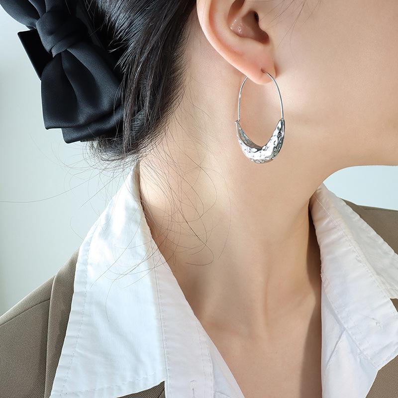 Trendy Geometric Boat-Shaped Embossed Titanium Steel Earrings