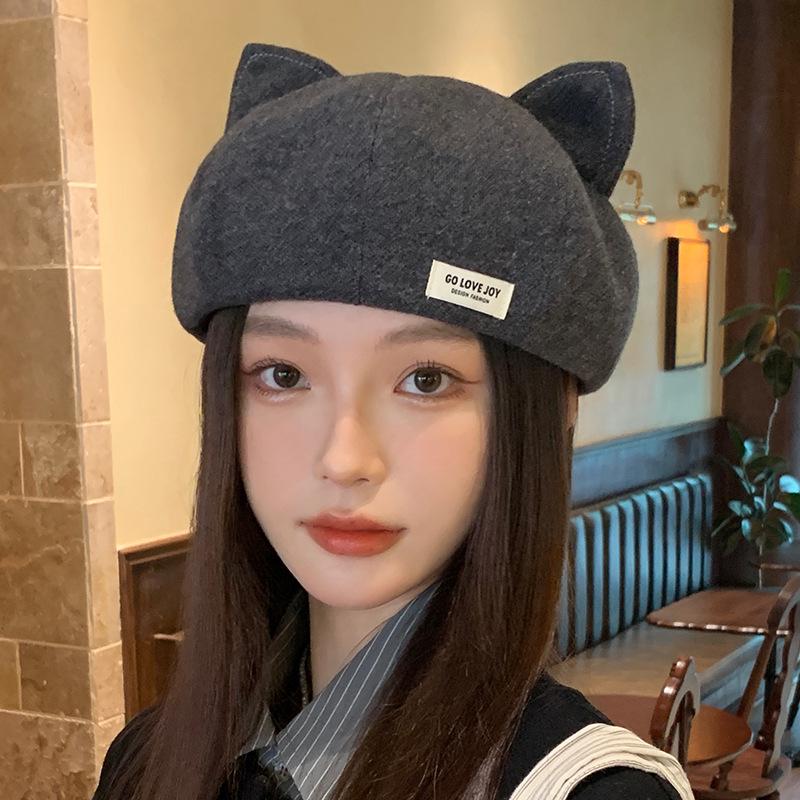 

Korean Style Cute Cat Ear Beret - Casual, Versatile, Slimming, Large Head Circumference серый