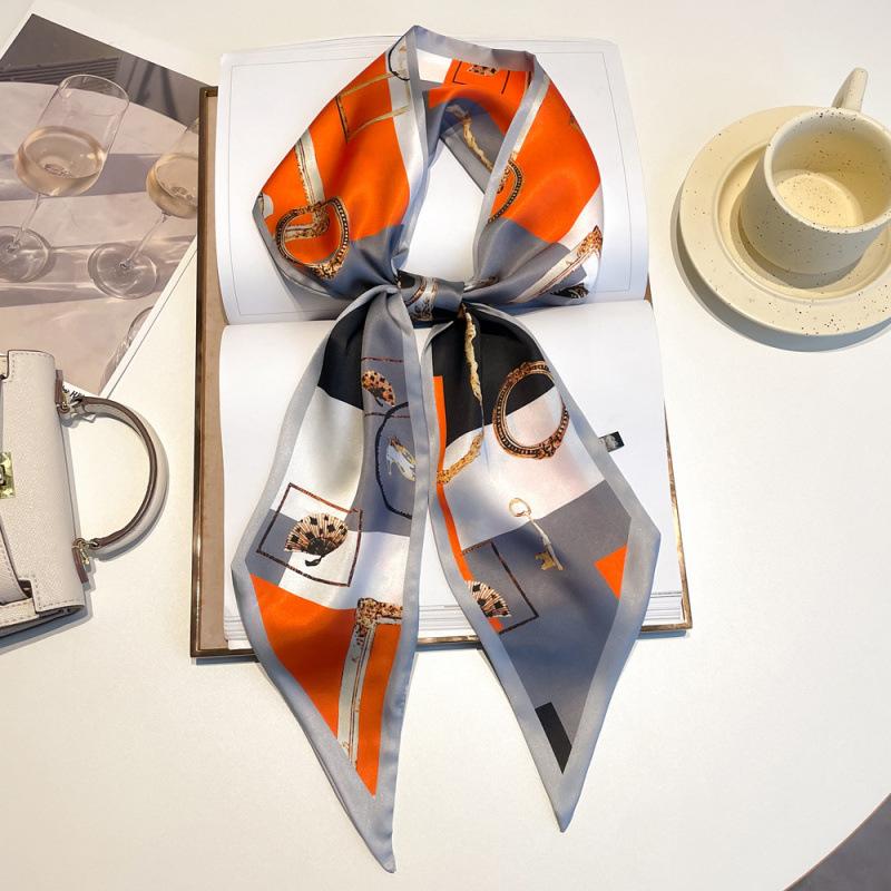 New Summer Small Long Striped Silk Scarf for Women with Versatile Extra Long Hair Strap Scarf Korean Diamond Strap Streamer