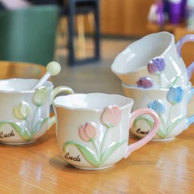 Taza de Cerámica Serie Tulipán Color Bajo Esmalte Galvanizado Aspecto de Alta Calidad Taza Favorita de Niña Taza de Pareja Estilo Ins
