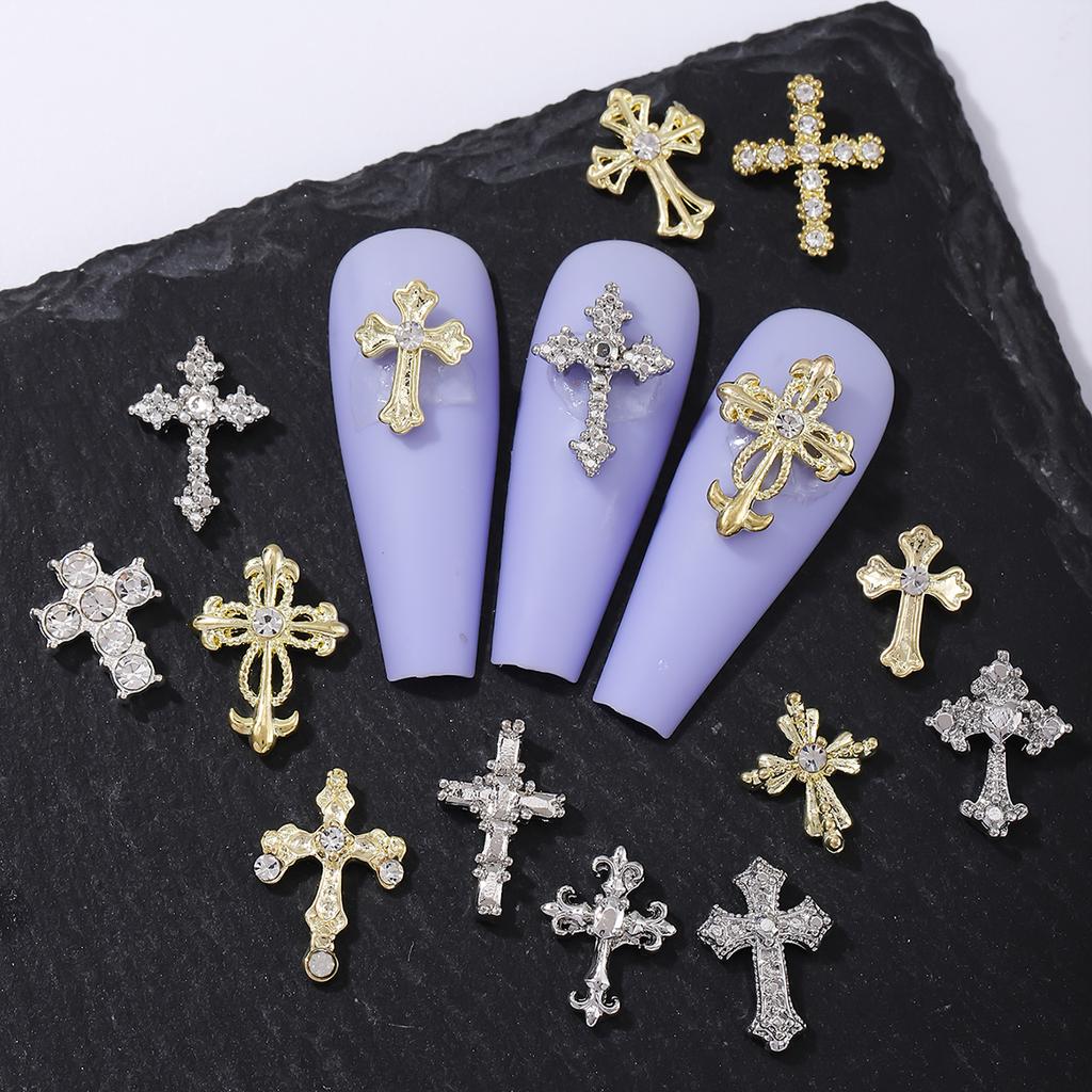 30 Pcs Gold and Silver Punk Wind Vintage Cross Nail Decoration, Alloy Rhinestone, Y2k Metal Style DIY Styling Decoration