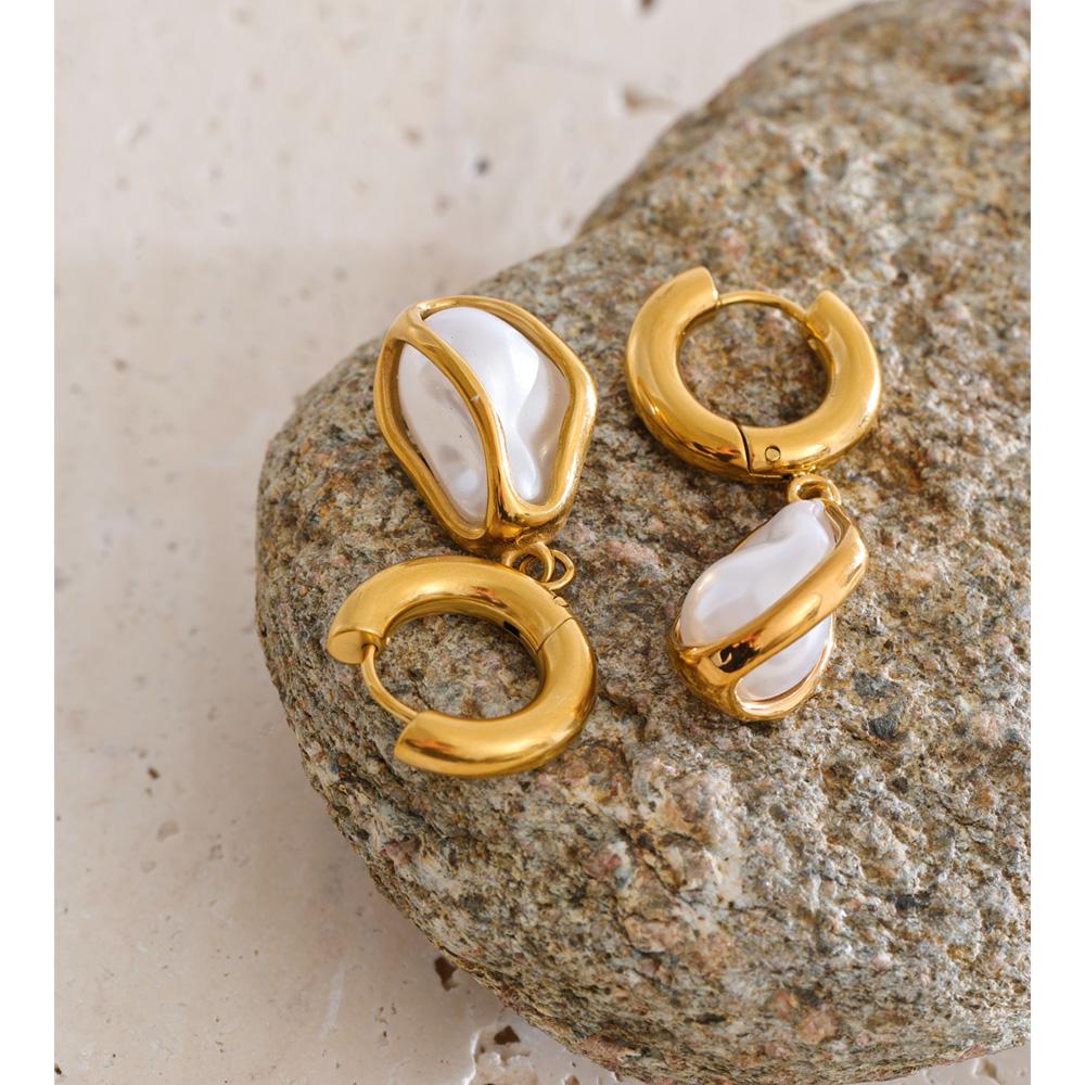 Yhpup New Arrivals Baroque Simulated Pearls Geometric Drop Hoop Earrings Stainless Steel Fashion Modern Jewelry Accessorics