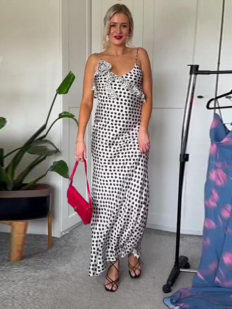 Dot Printed Sling Long Dress Women V-neck Sleeveless Backless 3D Flower Female Summer Party Holiday Lady Robe