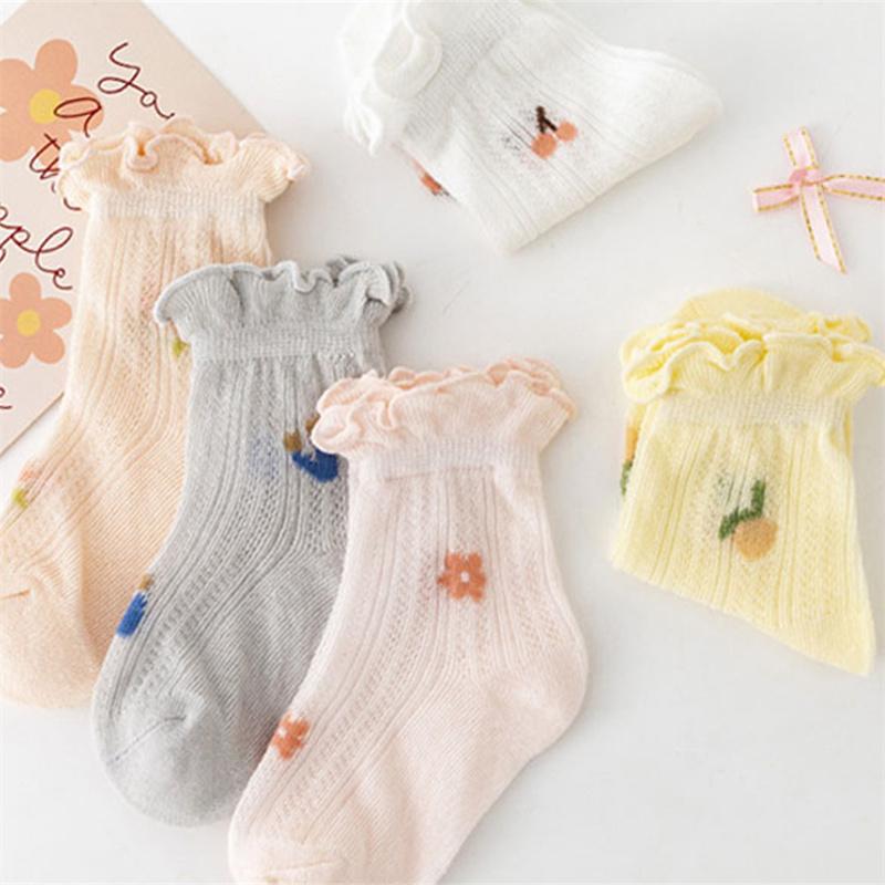 1-5Y Baby Girls Frilly Socks Floral Mesh Breathable Short Sock Anti-Skid Princess Socks for Toddler Child Summer Ankle Sock