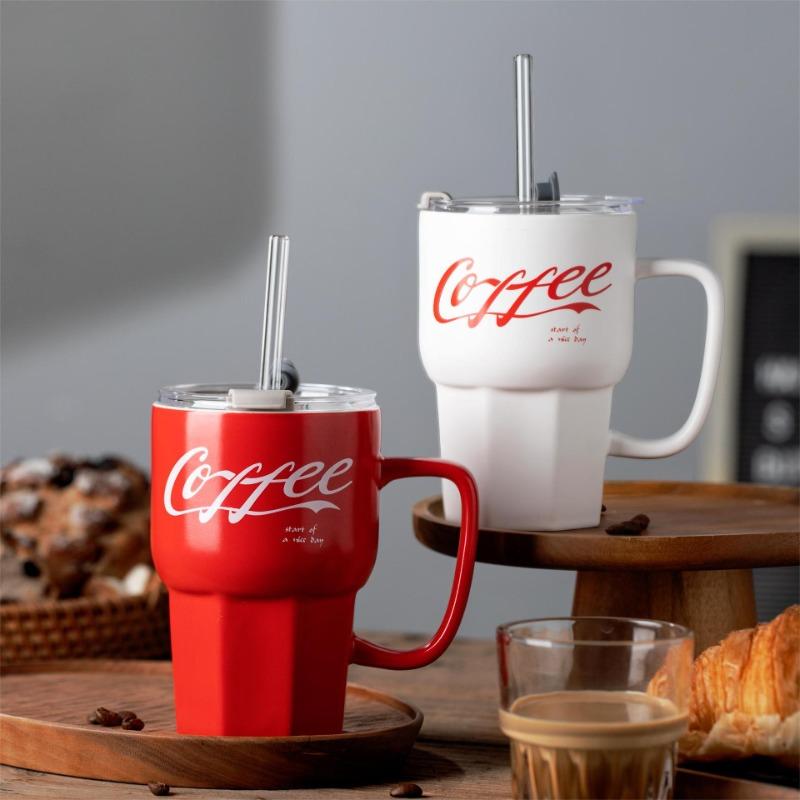 Coke Straw Cup High Value Ceramic Cup Large Capacity Water Cup Couple Mug Office Coffee Cup Portable