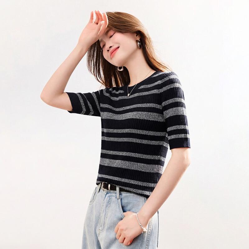Srcr Women s Silk Blend Striped Knit Mid-Sleeve Top L