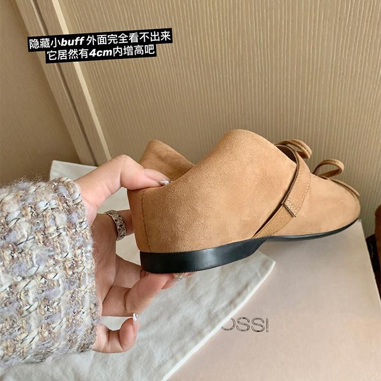 Cowhide version~ Fairy wind shallow mouth 4cm inner height increase French bow flat Mary Jane ballet shoes women's single shoes