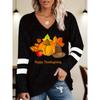 Grote Maat Gelukkig Thanksgiving & Pompoenprint T-shirt, Casual V-hals Top met Lange Mouwen voor Lente & Herfst, Plus Size Kleding voor Dames Halloween