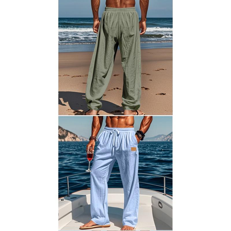 Men Thin Linen Cotton Straight Casual Long Trousers For Daily Beach Wear