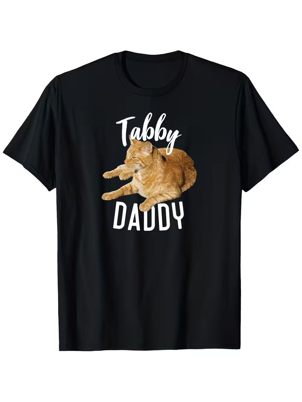 Tabby Daddy Cat-Themed Tabby Cat & Kitten Phrases T-Shirt - Unisex Casual Short Sleeve Round Neck Tee with Tabby Patterns S