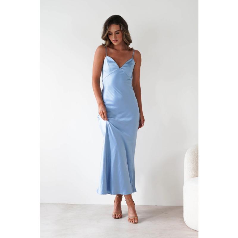 A New Style of Dress with Strappy Satin Finish, A Fashionable Backless Strappy Cinched-waist Dress