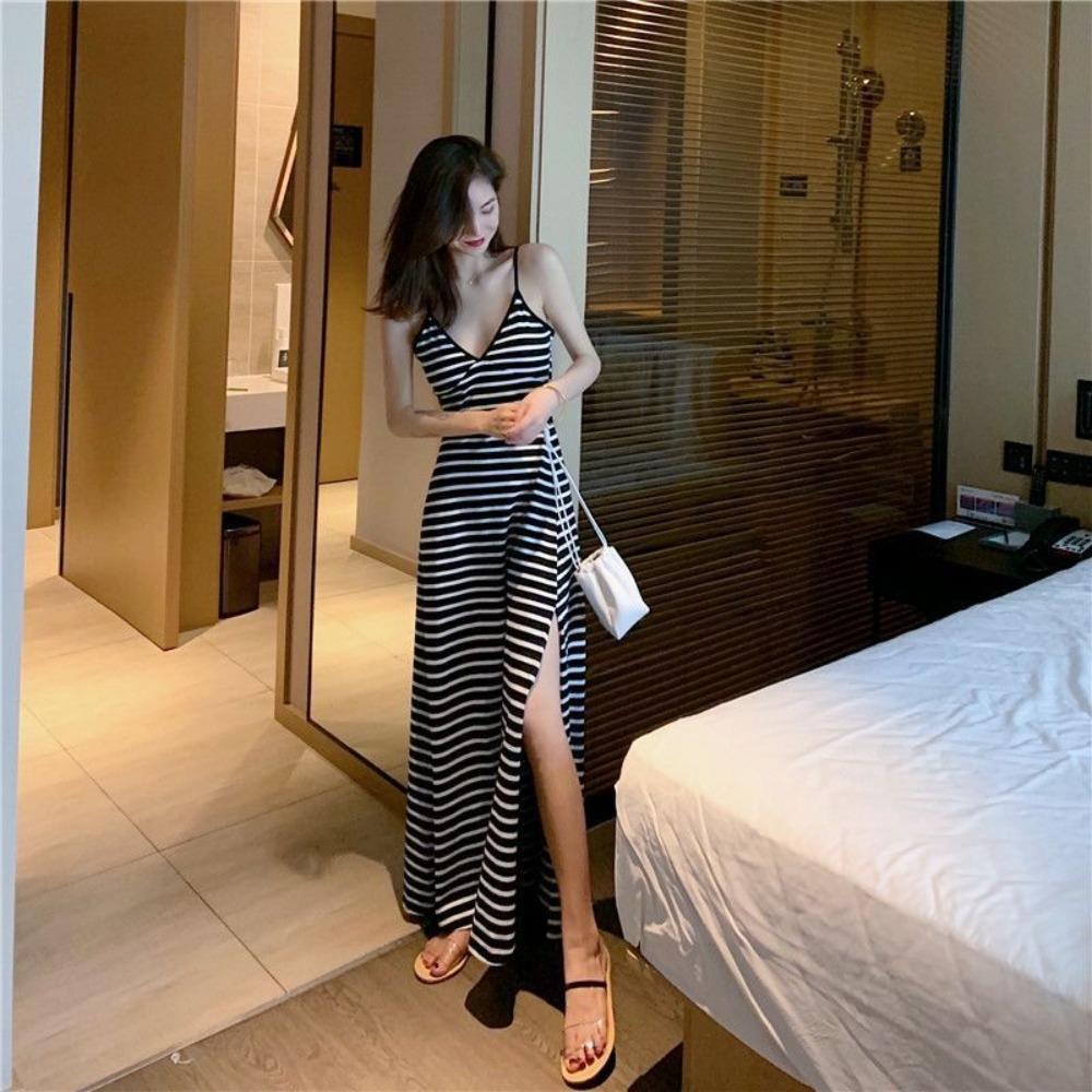 Stripe Slim Strap Dress A-line Beach Vacation Sundress Retro Sleeveless Long Dress  for Girls
