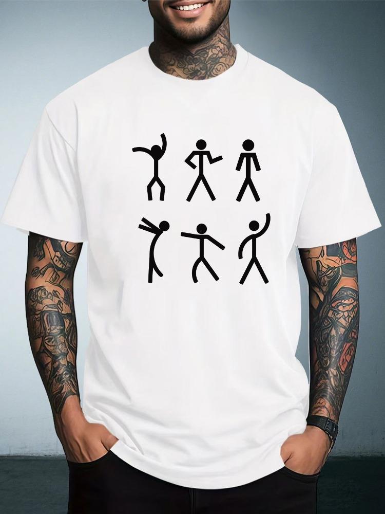 Unisex Summer White Short Sleeve Tee Simple Stick Figure Dancing People Graphic Print Crew Neck Loose Casual Male Fashion Tops