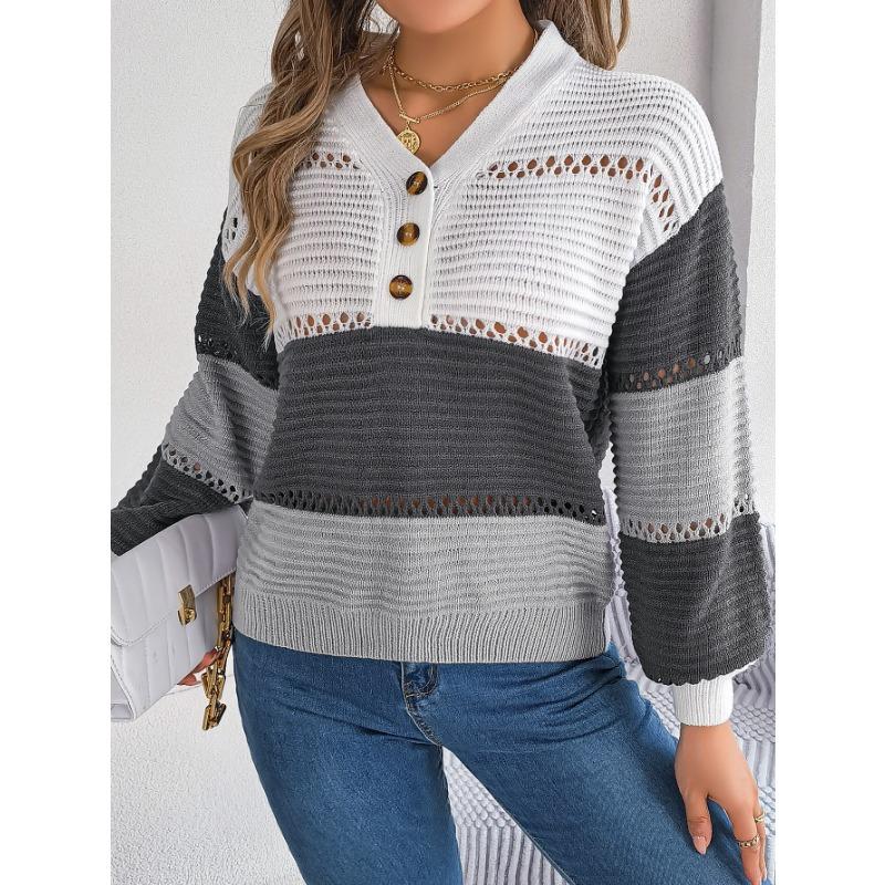 Autumn and Winter Casual Button V-neck Cut-out Color Lantern Sleeve Pullover Sweater Women's Wear
