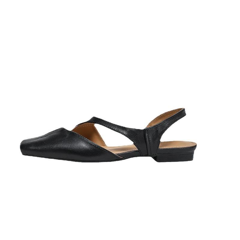 Sheepskin Version~ Spot French Square Head One-word with Bag Head Sandals Women's Summer Empty Trip Belt Women's Shoes Flat Single Shoes