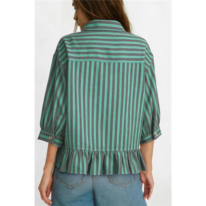 Casual Button Seven Quarter Sleeve Commuting Striped Shirt