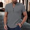 V-Neck Buttons Half Placket Men Shirt Short Sleeve Fine Sewing Summer Casual Solid Color Thin Shirt Daily Garment