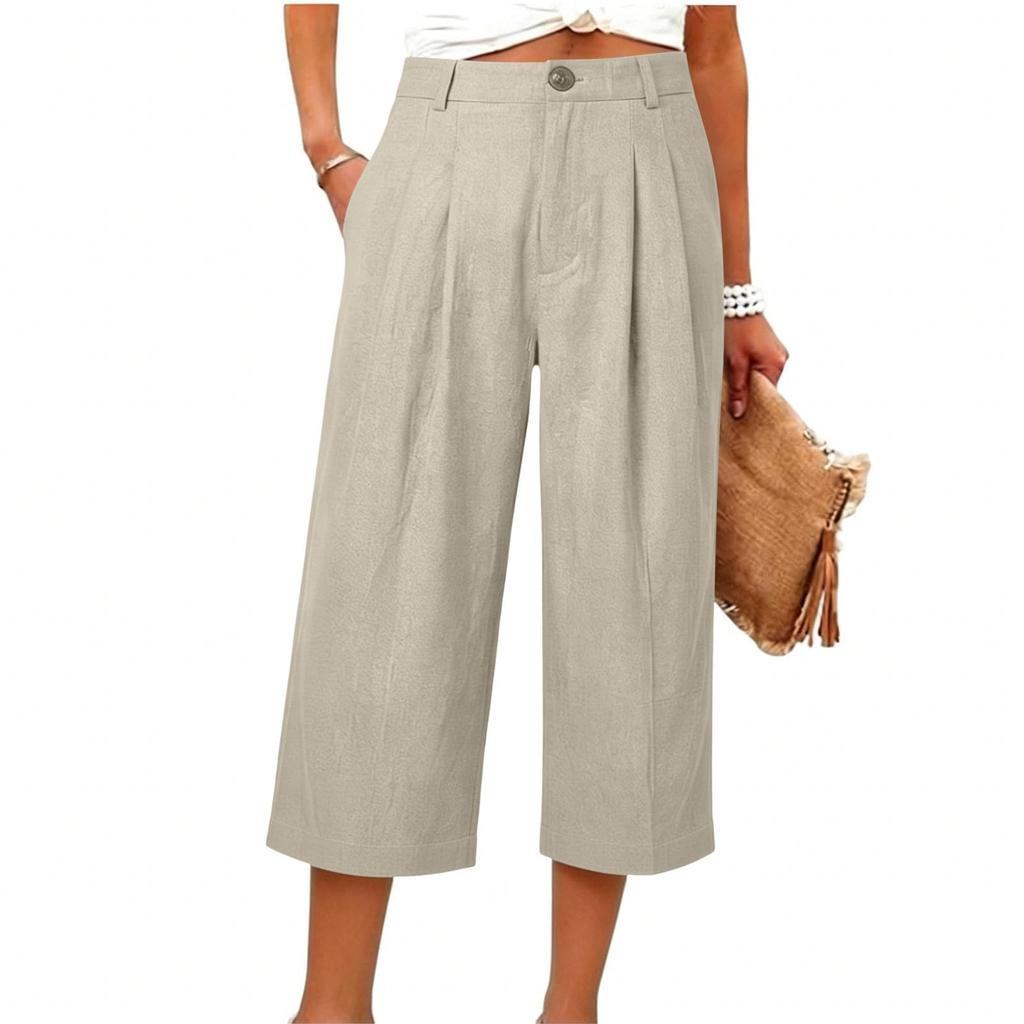 Cotton Linen Pants With Pockets Women Exposed Seam Hem Casual Pants Elastic Waist Summer Vacation Travel Pant