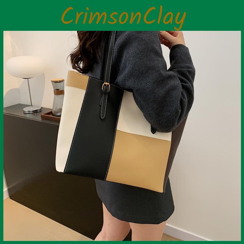 Stylish Pu Material Color Block Underarm Bag Large Size Casual Tote With Zipper Closure
