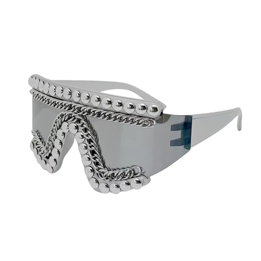 Silver Chain One-piece Sunglasses Rhinestone Decoration Trendy Shade Eyewear  For Women Men