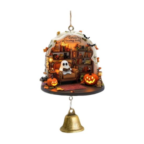 Ghost Reading Book Halloween Ornament 2D Flat Ghost In Reading Nook Hanging Decoration with Bell Window Hanging Wind Chime for Home Decor