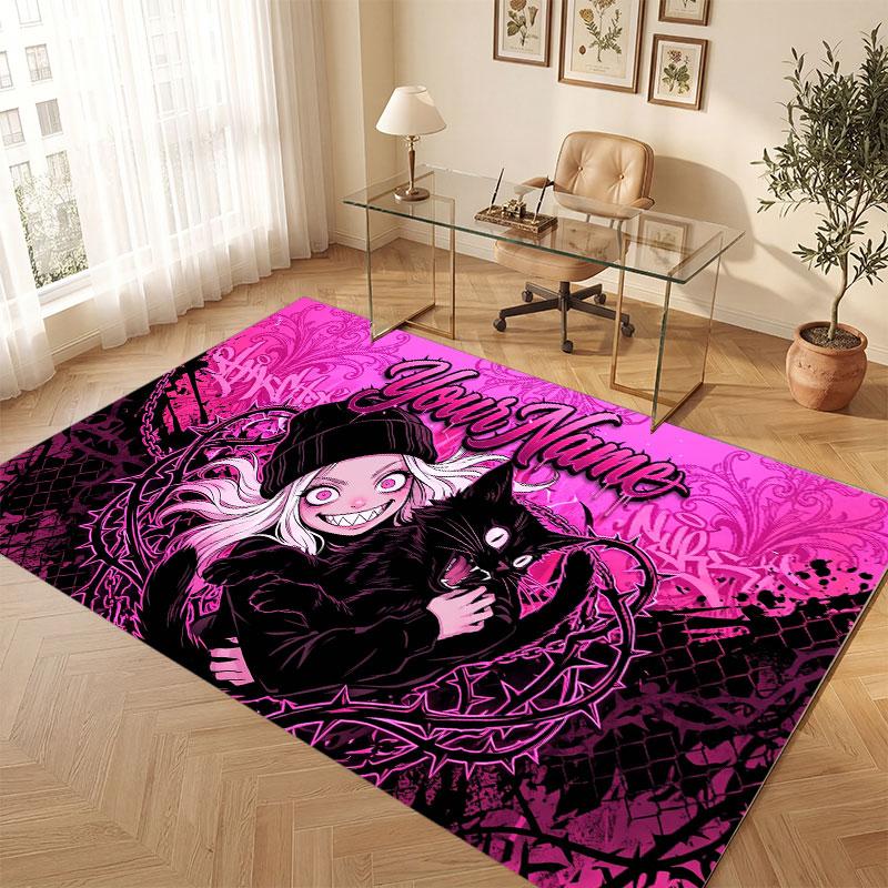 Cat Theme Crystal Velvet Floor Rug Personalized Custom Name Text Warm Carpet Home Decoration
